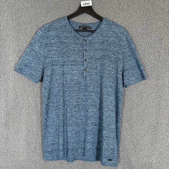 John Varvatos Linen Cotton Henley Shirt - Men's Size L - Blue - Picture 1 of 7